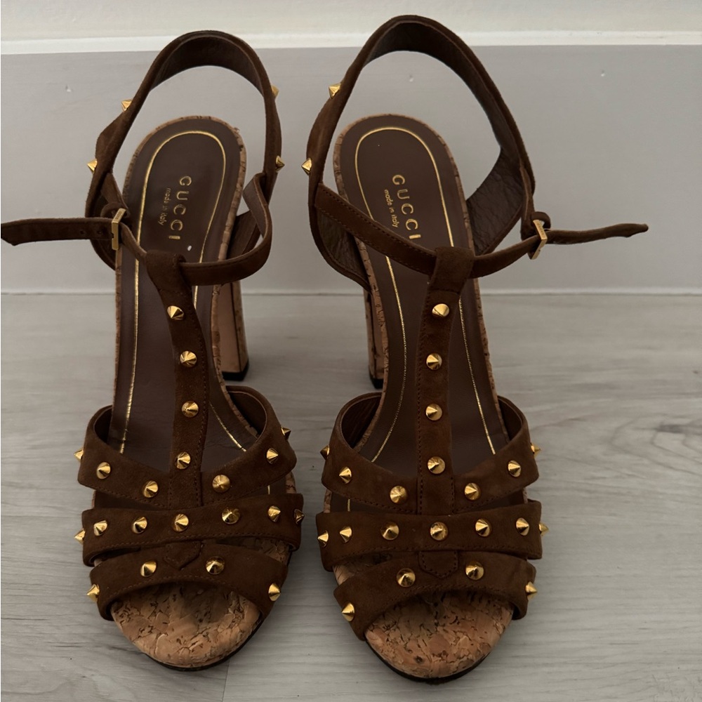 Gucci Jacquelyne brown suede studded T-strap sandals